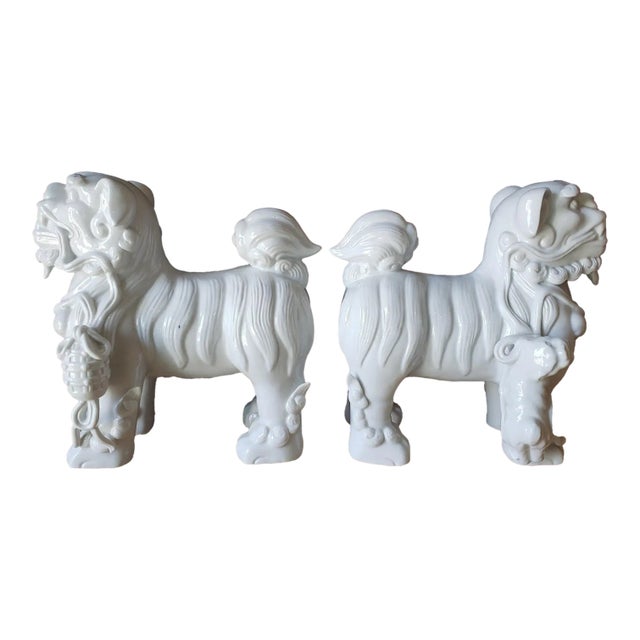 Large Mirrored Blanc De Chine Guardian Lions - Pair of Dehua Foo Dogs For Sale