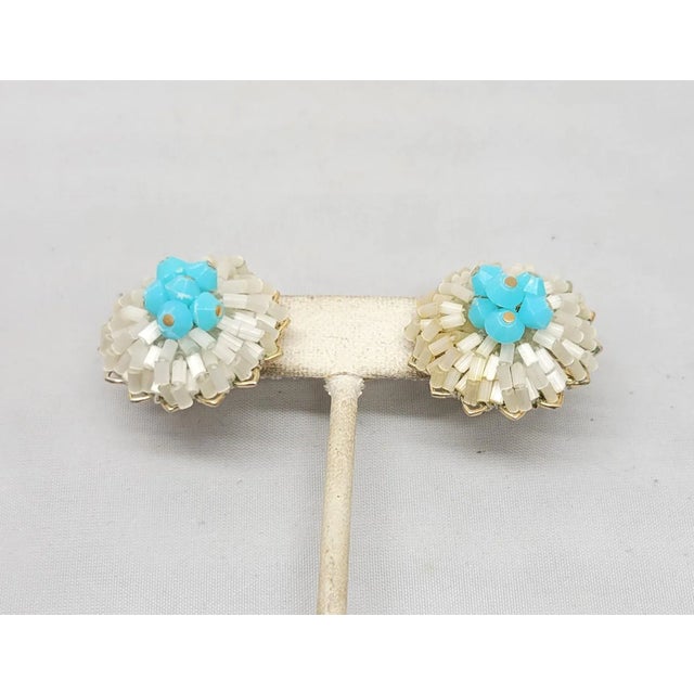 Vintage 1960s Signed Vendome White & Turquoise Beaded Clip Earrings - 2 Pieces For Sale - Image 9 of 9