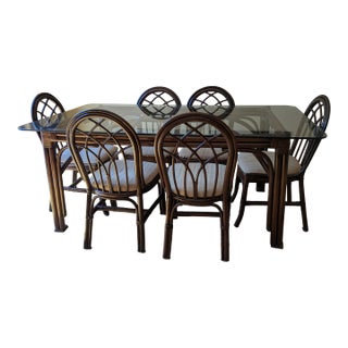 Vintage 1970s Puerto Rican Dark Rattan Dining Set — Glass-Top Table & 6 Arch-Back Chairs For Sale