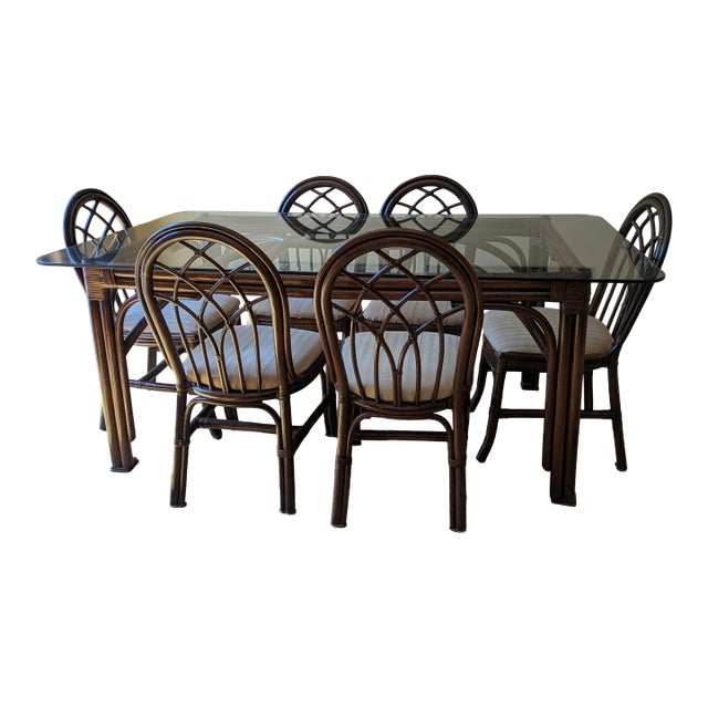 Vintage 1970s Puerto Rican Dark Rattan Dining Set — Glass-Top Table & 6 Arch-Back Chairs For Sale