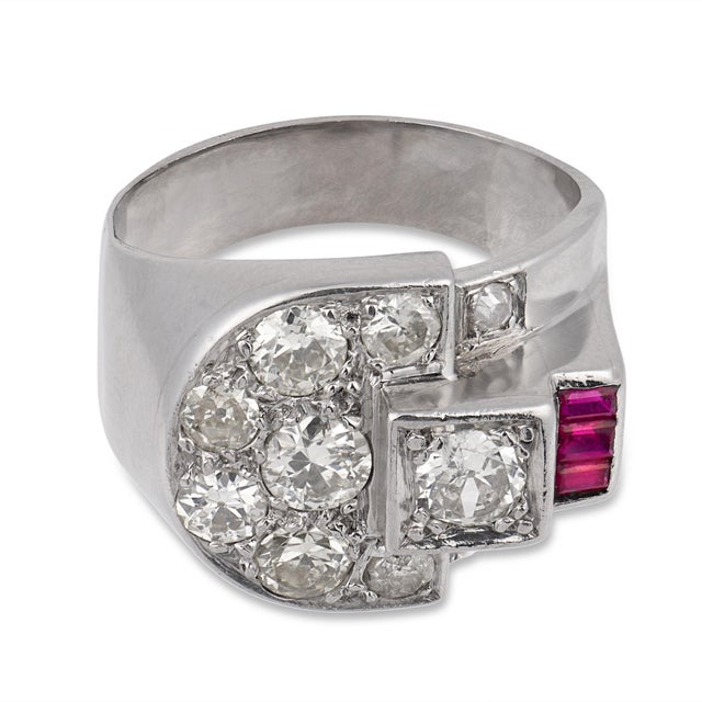 Contemporary 1960s Mid Century Old European Cut Diamond Ruby Platinum Buckle Ring, Size 5 For Sale - Image 3 of 6
