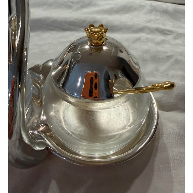 Silver Vintage Silver & Frosted Glass Salt & Pepper Cellar Set With Gold Crown Finials & Spoons - 4 pcs For Sale - Image 8 of 8