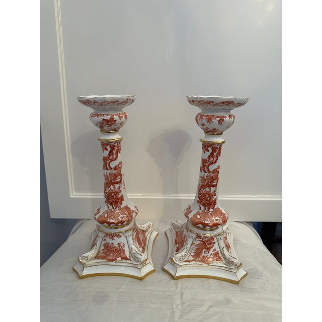 Royal Crown Derby Porcelain A Pair of Royal Crown Derby Red Aves Bone China, Candlestcik Holders, 1890's, Made in Derby England For Sale - Image 4 of 11