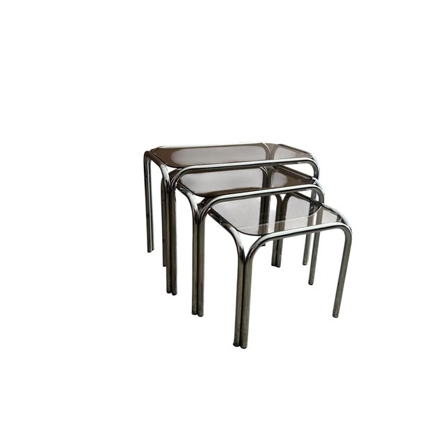 Vintage Chrome Nesting Tables with Smoked Glass, 1970s, Set of 3 For Sale - Image 9 of 9