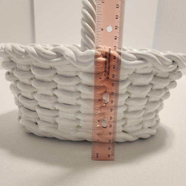 Vintage Mid-Century Italian White Woven Ceramic Lattice Basket With Rope Handle Majolica Style For Sale - Image 10 of 11