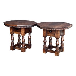 Pair Rustic Continental Baroque Style Octagonal Single-Drawer Side Tables For Sale