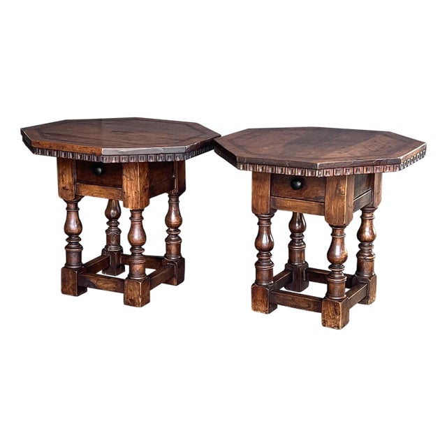 Pair Rustic Continental Baroque Style Octagonal Single-Drawer Side Tables For Sale