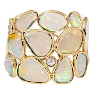 Opal Diamond Wide Band Ring Sz 6.5 18k Yellow Gold Mosaic Statement Jewelry For Sale