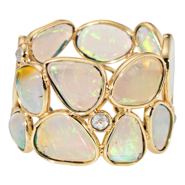 Opal Diamond Wide Band Ring Sz 6.5 18k Yellow Gold Mosaic Statement Jewelry For Sale