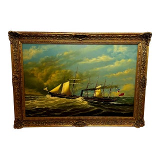 Large Oil Painting Seascape Sailing Steam Ship Ss Great Britain by Salvatore Colacicco Framed For Sale