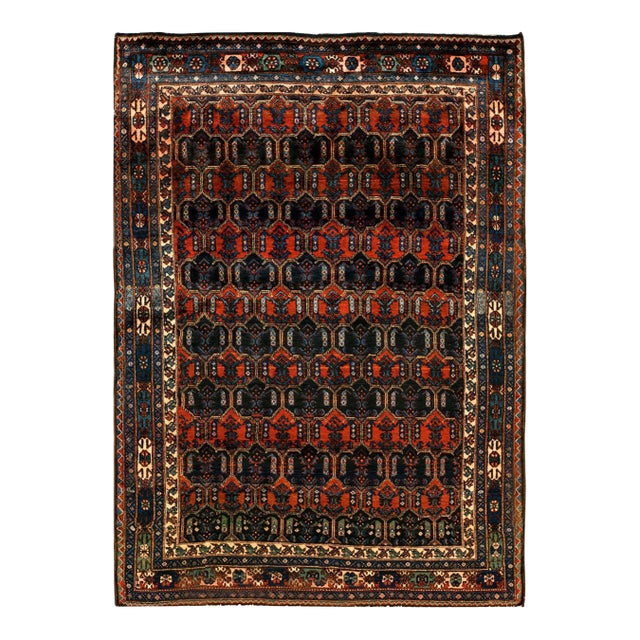 1920s Blue Navy Geometric Antique Persian Malayer Rug 4'11" X 6'10" Handknotted Wool Carpet For Sale