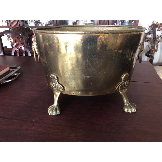 Metal Mid 19th Century Oval Brass Footed Lions Head Handle Cauldron/Fire Box/Planter with Copper Nails For Sale - Image 7 of 12