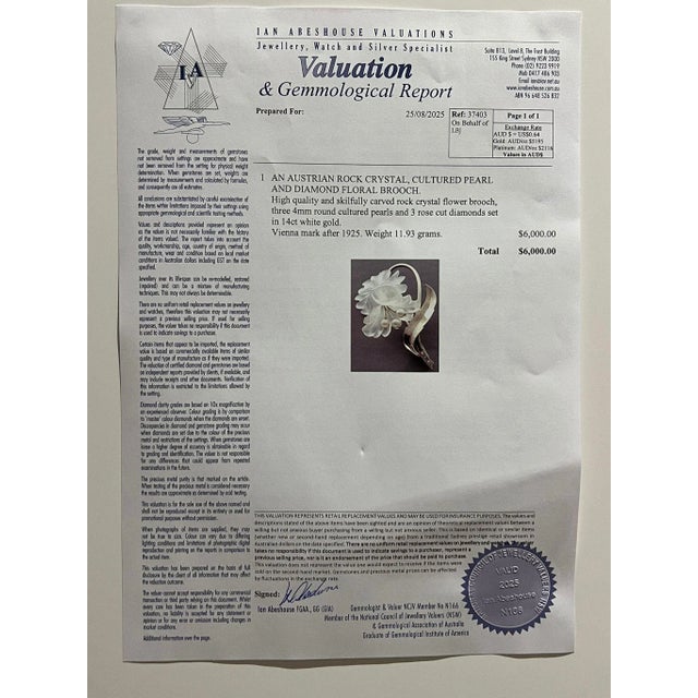 Metal 14ct White Gold Austrian Rock Crystal Cultured Pearl and Diamond Floral Brooch 11.93g For Sale - Image 7 of 7