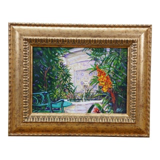 Late 20th Century Garden Terrace Marble Lion Head Fountain Oil Painting on Board 10" For Sale