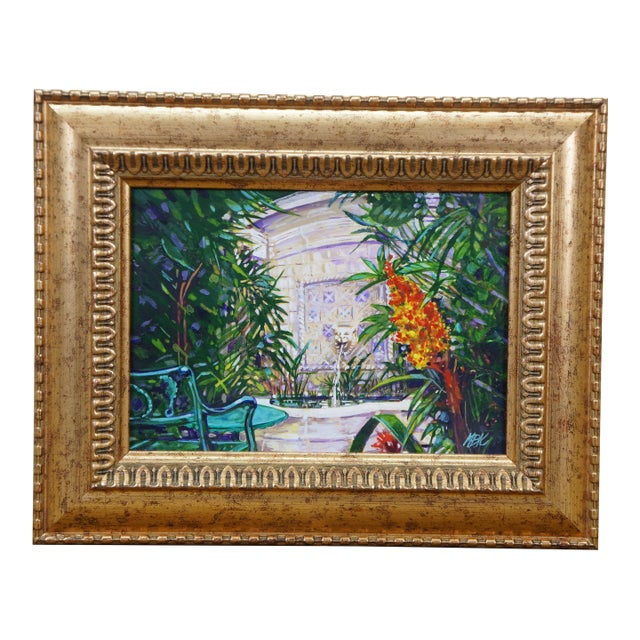 Late 20th Century Garden Terrace Marble Lion Head Fountain Oil Painting on Board 10" For Sale