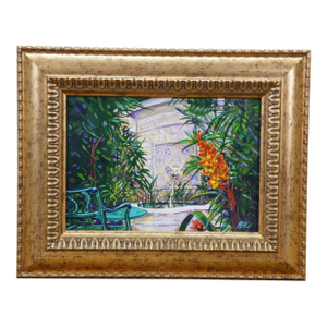 Late 20th Century Garden Terrace Marble Lion Head Fountain Oil Painting on Board 10"