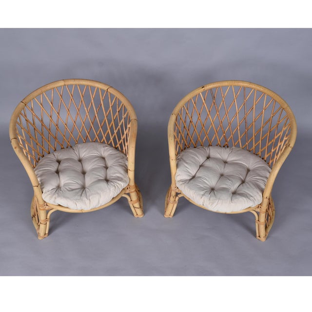 Contemporary Pair of Vintage Trellis Woven Barrel Back Rattan Lounge Chairs For Sale - Image 3 of 17