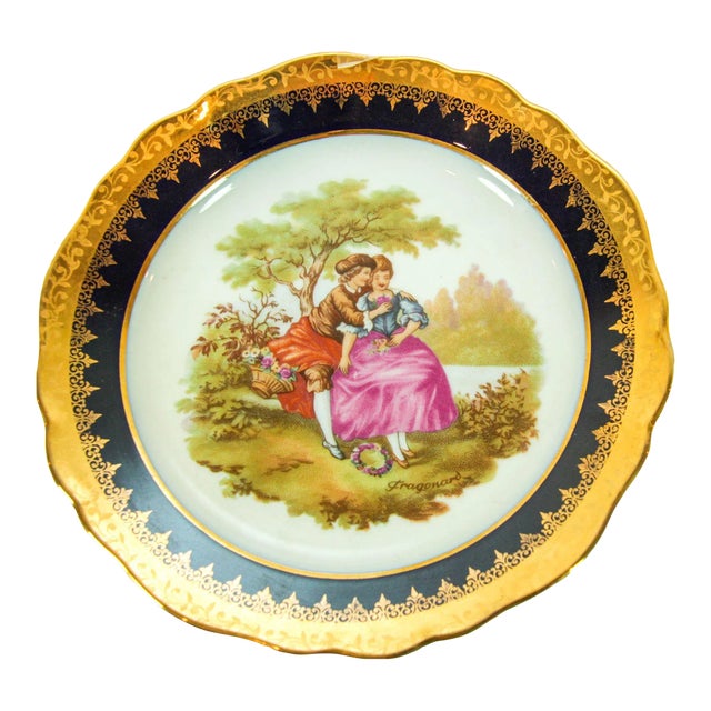 Limoges France Fine Porcelain Plate Hand Painted With Fragonard Romantic Scene For Sale