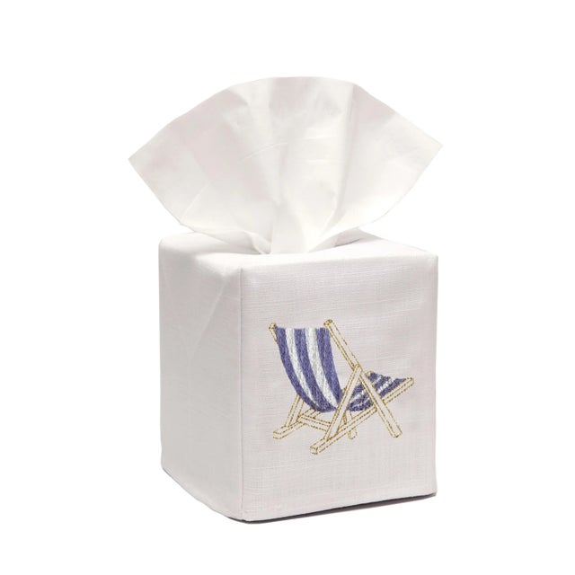 Blue Deck Chair Tissue Box Cover White Linen & Cotton, Embroidered For Sale - Image 4 of 5