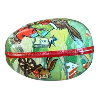 Vintage German Papier-Mâché Easter Egg Box With Rabbit Illustration, 1950s For Sale