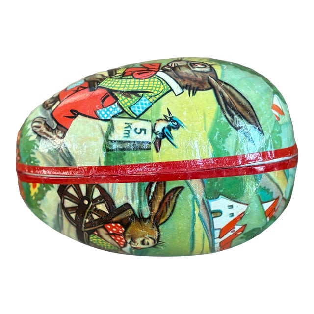 Vintage German Papier-Mâché Easter Egg Box With Rabbit Illustration, 1950s For Sale