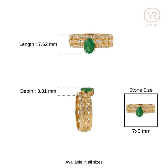 Oval Emerald & Diamond Vintage-Inspired Luxury Statement Ring in 18k Yellow Gold Size 6.5 For Sale - Image 12 of 17