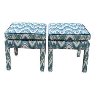 Schumacher Valkyrie Flame Stitch Parsons Ottomans in Emerald & Peacock- Pair For Sale