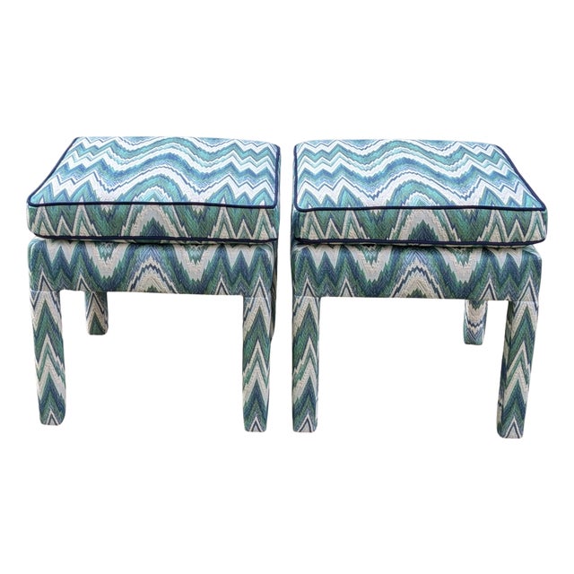 Schumacher Valkyrie Flame Stitch Parsons Ottomans in Emerald & Peacock- Pair For Sale
