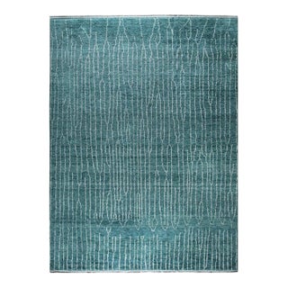 9x12 Green Hand-Knotted Wool Linear Silhouette Geometric Modern Carpet Rug For Sale