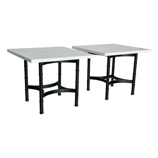 Late 20th Century Pair of Faux Bamboo Metal Side Tables with Quartzite Tops For Sale