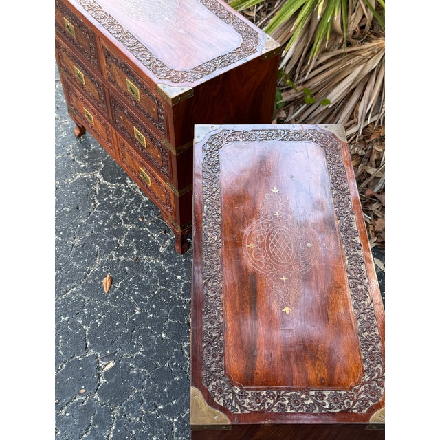 Pair of Anglo-Indian Style Carved Rosewood Campaign Chests With Brass Inlay For Sale In Tampa - Image 6 of 7