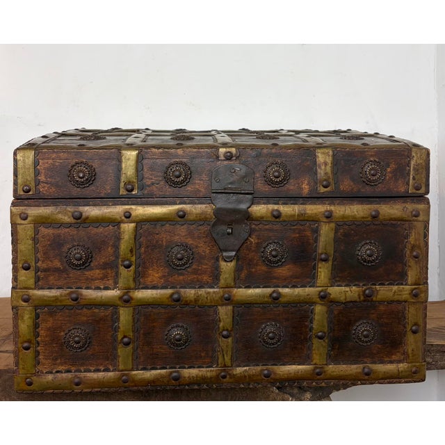 Spectacular antique Anglo -Indian wood and brass-bound trunk or cash box, heavily detailed 19th-century merchant chests or...