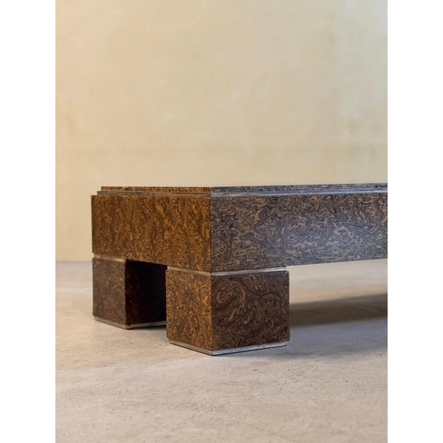 Brutalist Mid-Century Italian Brass and Veneer Coffee Table, 1970s For Sale - Image 3 of 14