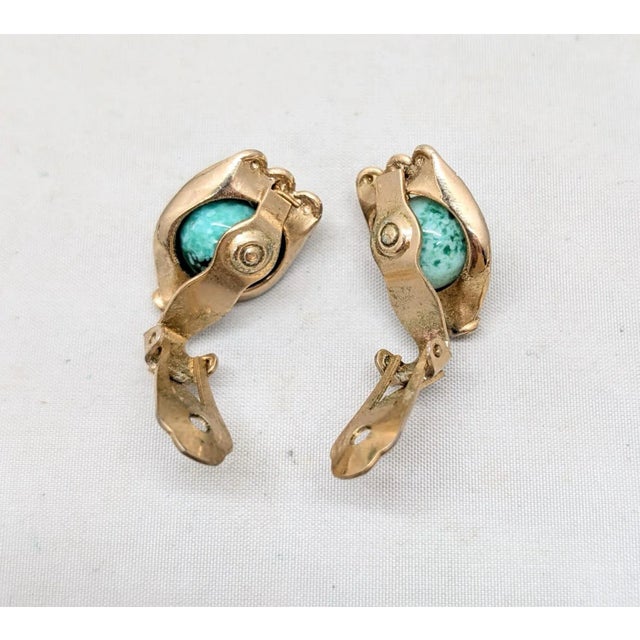 Napier Vintage 1950s Signed Napier Goldtone Faux-Jade Clip Earrings-2 Pieces For Sale - Image 4 of 6