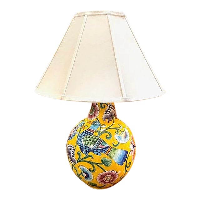 Mid Century Italian Yellow Glazed Ceramic Lamp With Birds and Flowers - Signed For Sale
