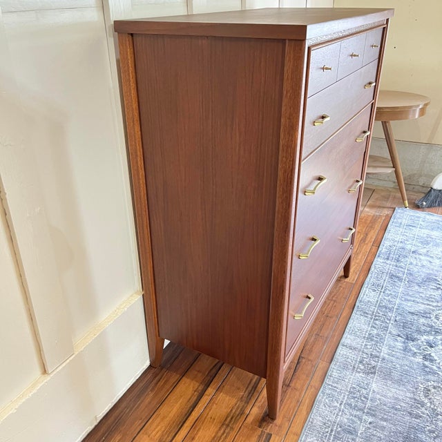 Refinished Mid-Century Modern Stanley Walnut Dresser Highboy Chest of Drawers With Original Brass Hardware For Sale - Image 12 of 12