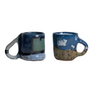 Whimsical Pair of Rustic Studio Pottery Coffee Mugs, by Artist d.o.n. For Sale