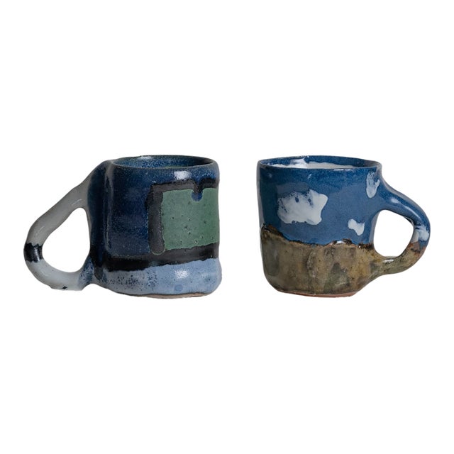 Whimsical Pair of Rustic Studio Pottery Coffee Mugs, by Artist d.o.n. For Sale