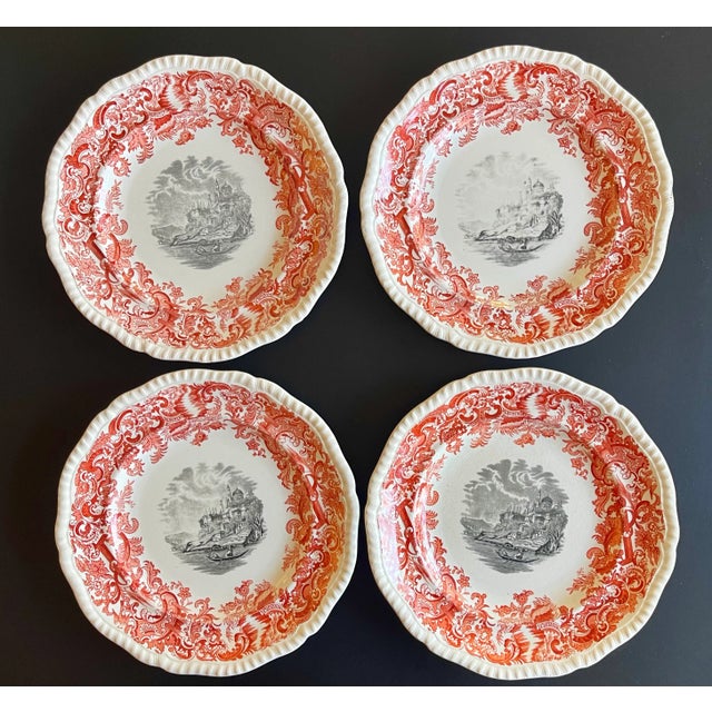 A set of 4, Copeland Spode "Beverly" transfer ware plates in a coral floral pattern. Bucolic country scene at center....