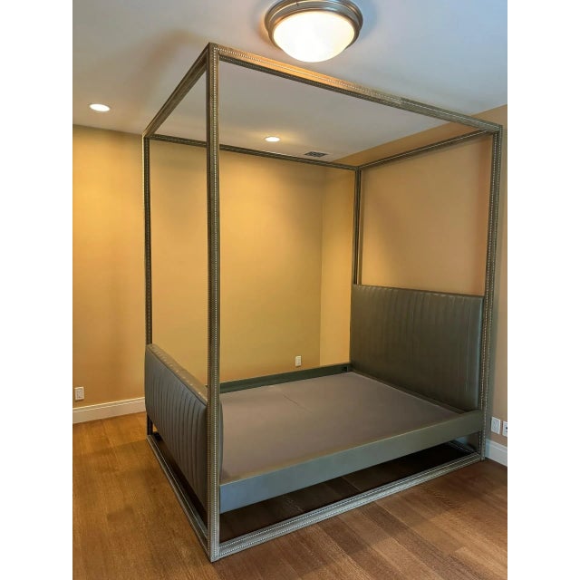 Contemporary Frank Roop Queen Canopy Bed in Olive Green Leather and Alcantara With Nailhead Detail For Sale - Image 3 of 8