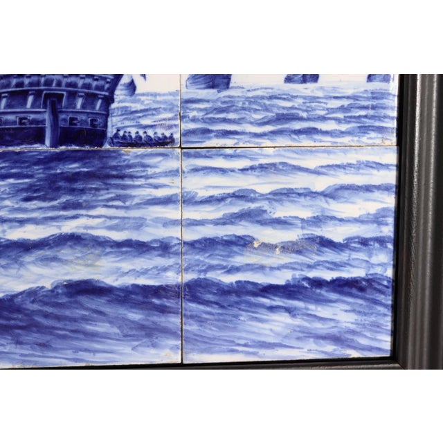 Dutch Delft Tile Picture, Fleet of Ships, Blue & White, Framed For Sale - Image 4 of 9