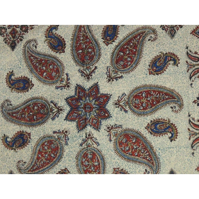 Vintage Red and Blue Paisley Hand-Blocked Cloth with hand-knotted Fringes Kalamkari or qalamkari is a type of hand-painted...