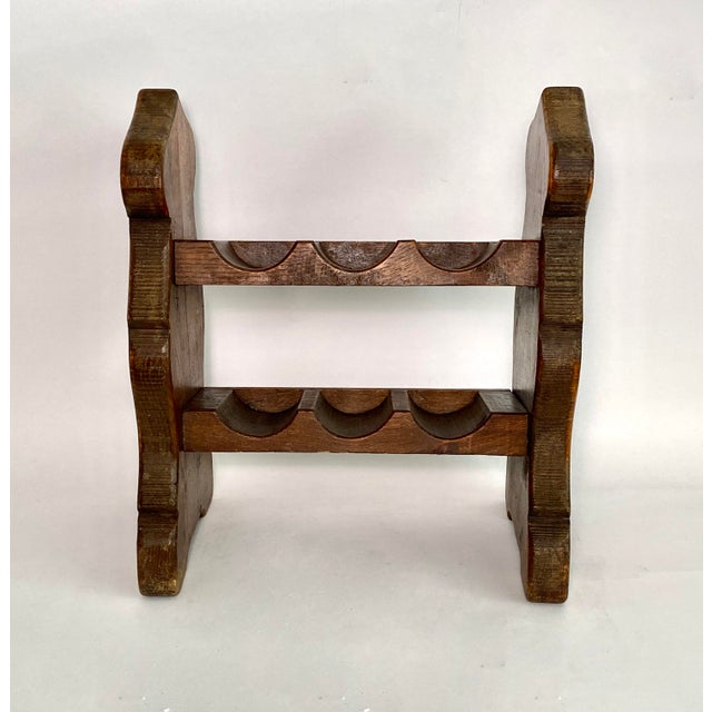 From 1960s Netherlands is this oak six bottle wine rack artisan crafted without hardware. Sturdy with aged patina and charm.