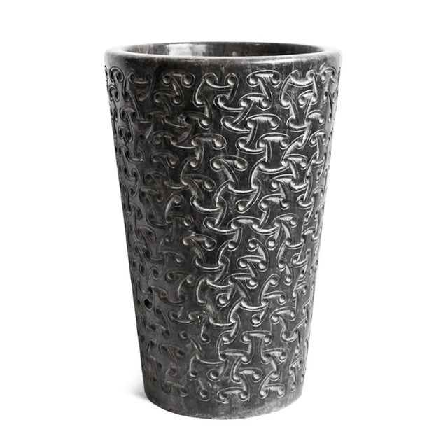 Stunning vintage hand chiseled and polished round freestanding black marble carved pedestal sink. Unique modern pattern...