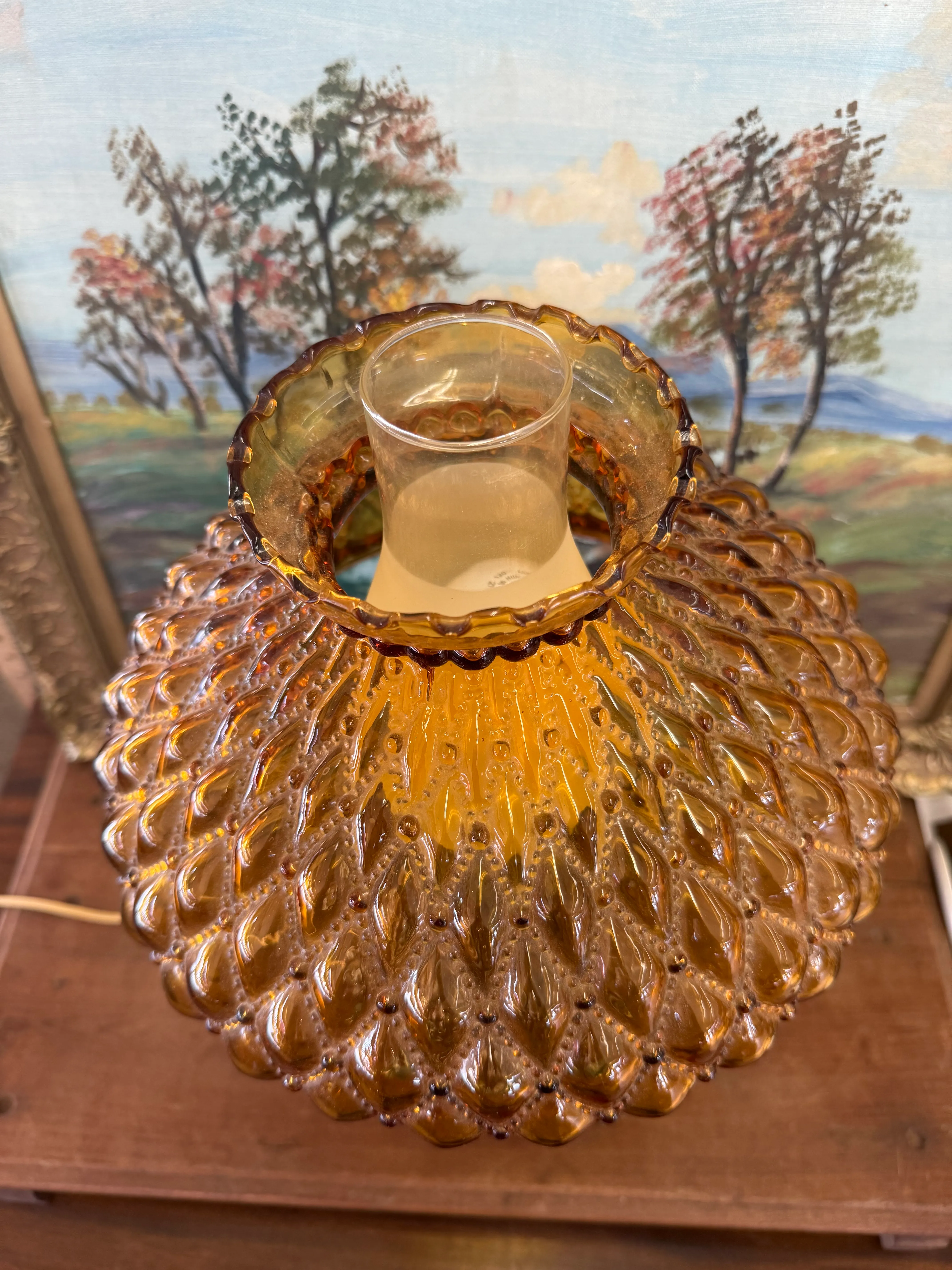 Vintage Mid Century Modern Amber Glass Lamp With Diamond Point