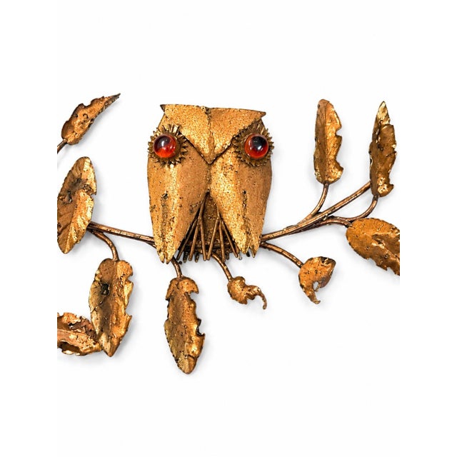 1960s Vintage Brutalist Owl Family Mixed Metal Wall Sculpture Amber Glass Eyes Mid-Century Modern For Sale - Image 5 of 5