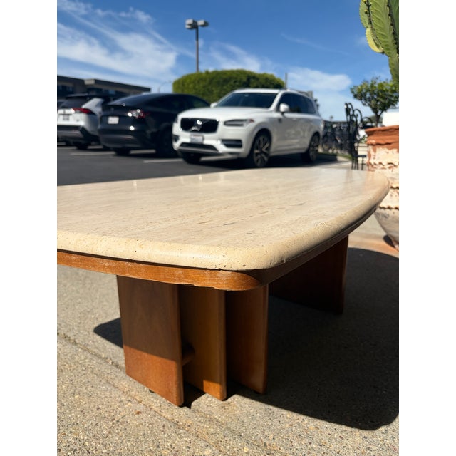 Tan Mid Century Travertine Top Coffee Table With Sculptural Teak Wood Base For Sale - Image 8 of 13