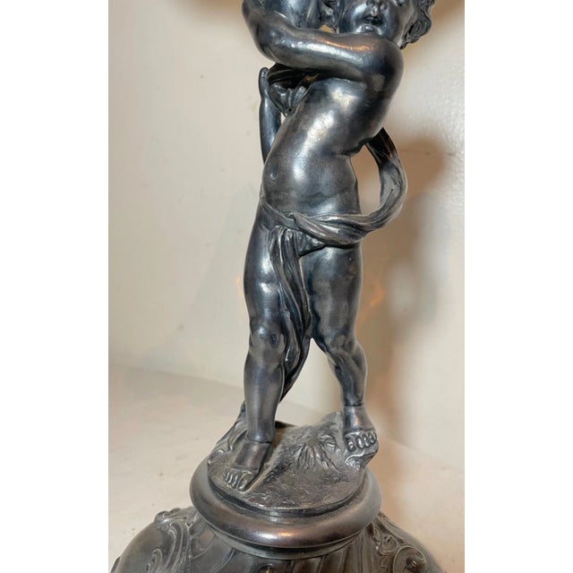 Amber Antique Ornate Silverplate Cherub Figural Blown Glass Centerpiece Tazza Compote For Sale - Image 8 of 12
