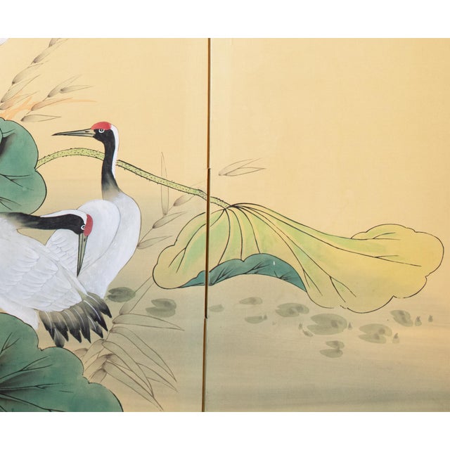 C. 1970s Asian Painted Silk Screen "Red-Crowned Cranes and Lotus" For Sale - Image 10 of 17