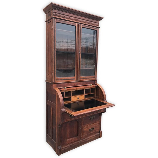 Antique Eastlake Victorian Oak Cylinder Secretary Bookcase Chairish